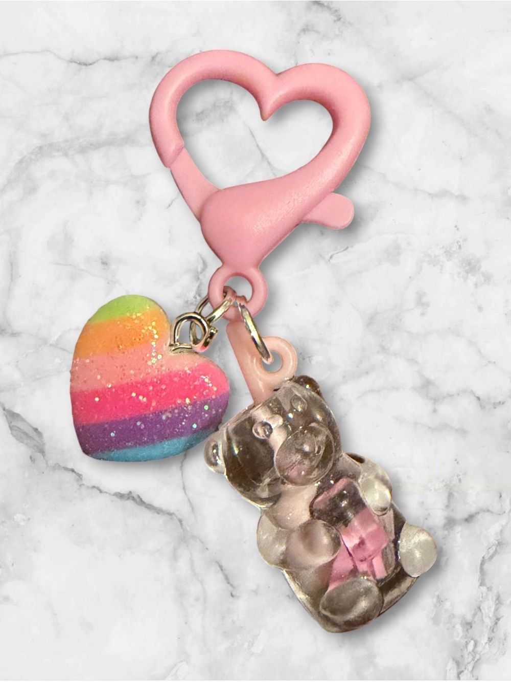 Pink Heart Clip-On Charm with Rainbow Heart and Clear Teddy